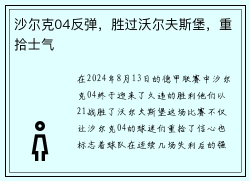 沙尔克04反弹，胜过沃尔夫斯堡，重拾士气