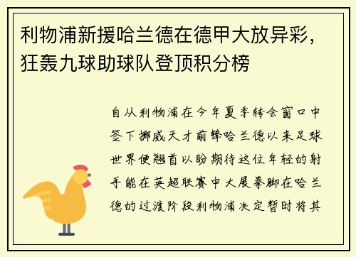 利物浦新援哈兰德在德甲大放异彩，狂轰九球助球队登顶积分榜