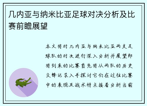 几内亚与纳米比亚足球对决分析及比赛前瞻展望