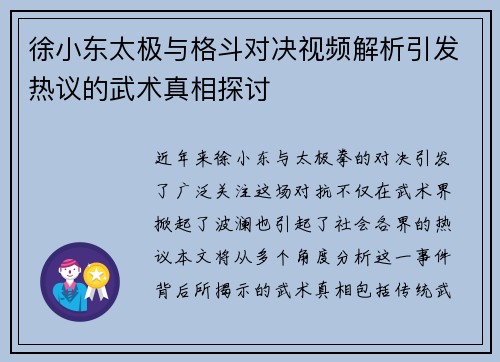 徐小东太极与格斗对决视频解析引发热议的武术真相探讨