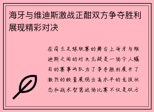 海牙与维迪斯激战正酣双方争夺胜利展现精彩对决