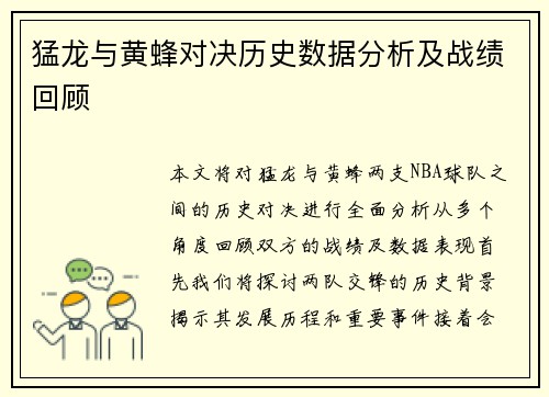 猛龙与黄蜂对决历史数据分析及战绩回顾