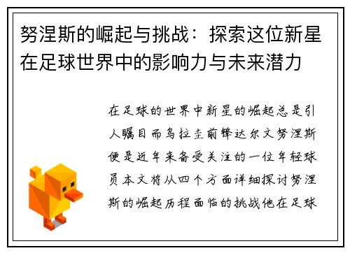 努涅斯的崛起与挑战：探索这位新星在足球世界中的影响力与未来潜力