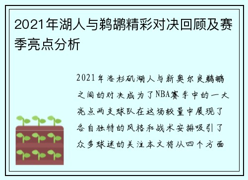 2021年湖人与鹈鹕精彩对决回顾及赛季亮点分析