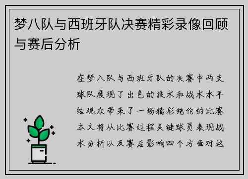 梦八队与西班牙队决赛精彩录像回顾与赛后分析