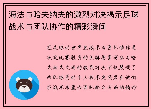 海法与哈夫纳夫的激烈对决揭示足球战术与团队协作的精彩瞬间