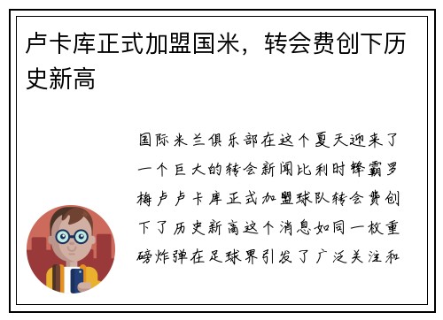 卢卡库正式加盟国米，转会费创下历史新高