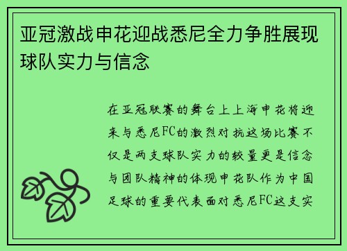 亚冠激战申花迎战悉尼全力争胜展现球队实力与信念