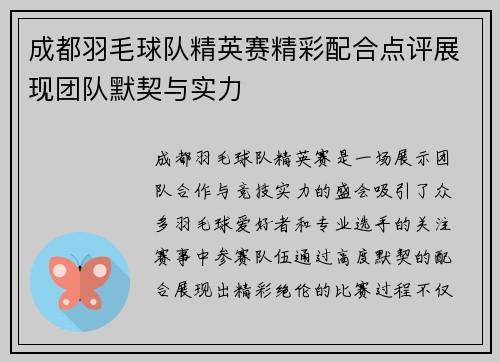 成都羽毛球队精英赛精彩配合点评展现团队默契与实力