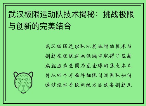 武汉极限运动队技术揭秘：挑战极限与创新的完美结合