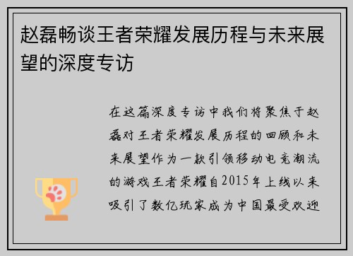 赵磊畅谈王者荣耀发展历程与未来展望的深度专访
